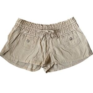 LAGACI Tan Smocked Waist Linen Blend Cargo Shorts Khaki Drawstring Casual Womens